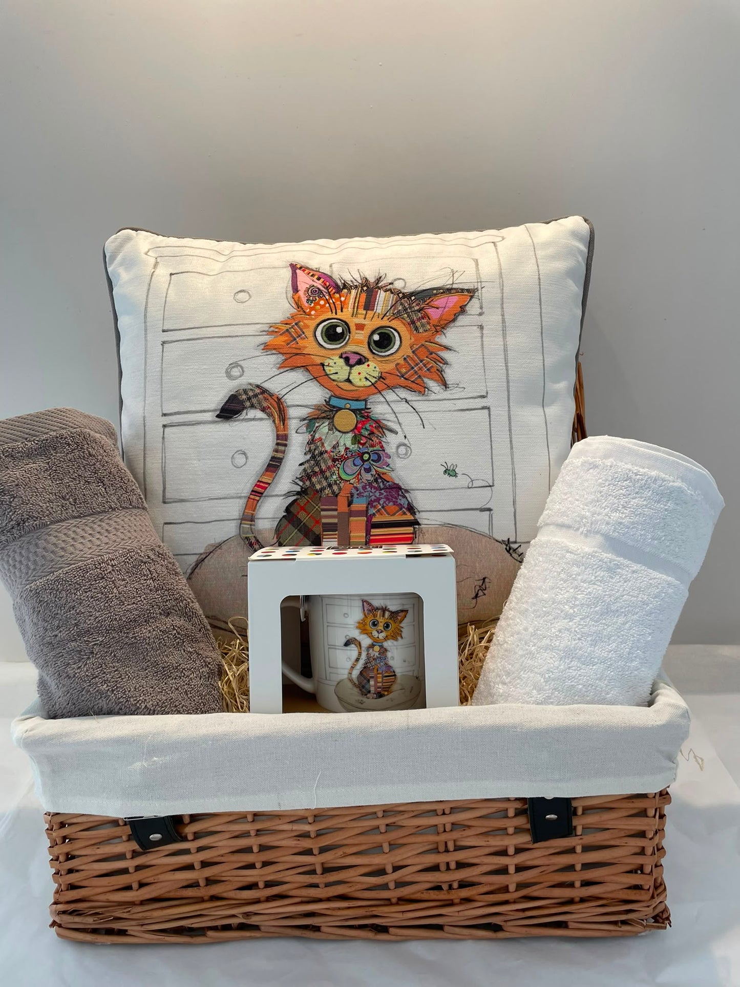 Cat Lover's Gift Hamper – Quirky Cat Cushion, Mug & Two Luxury Hand Towels