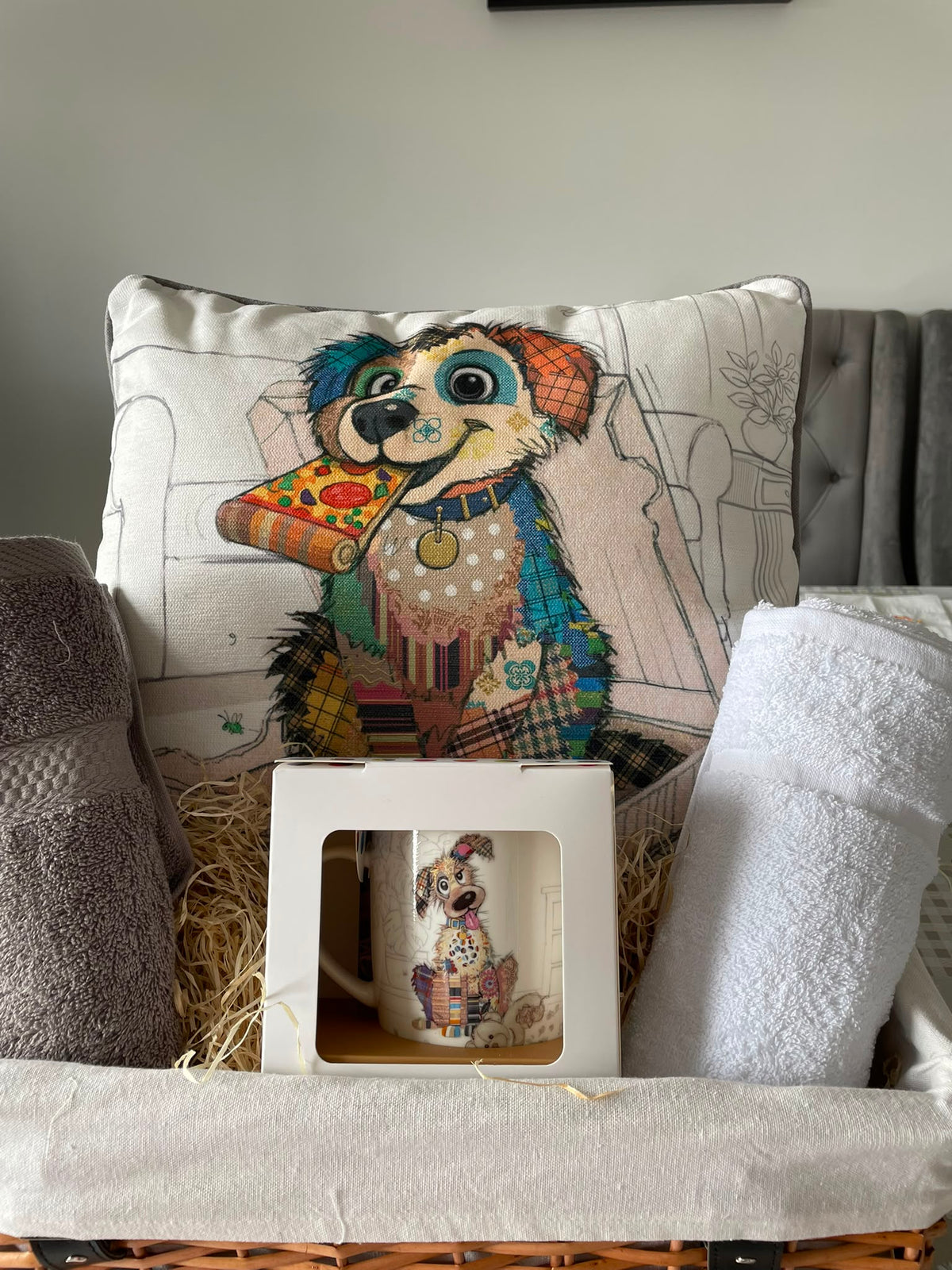 Dog Lover's Gift Hamper – Quirky Dog Cushion, Mug & Two Luxury Hand Towels