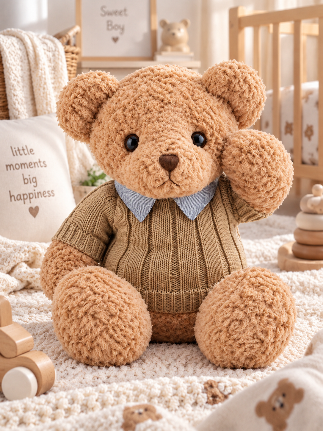Soft teddy bear wearing a camel cable-knit jumper with a light blue collar