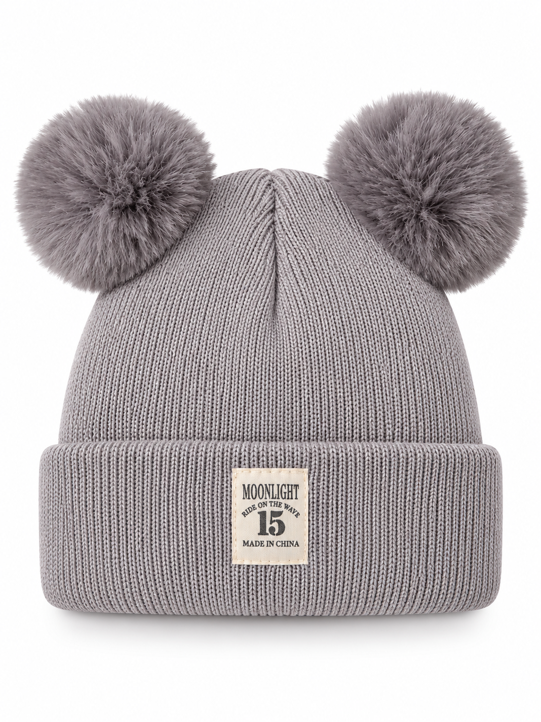 Ribbed knit baby beanie with a folded brim and two pom-poms