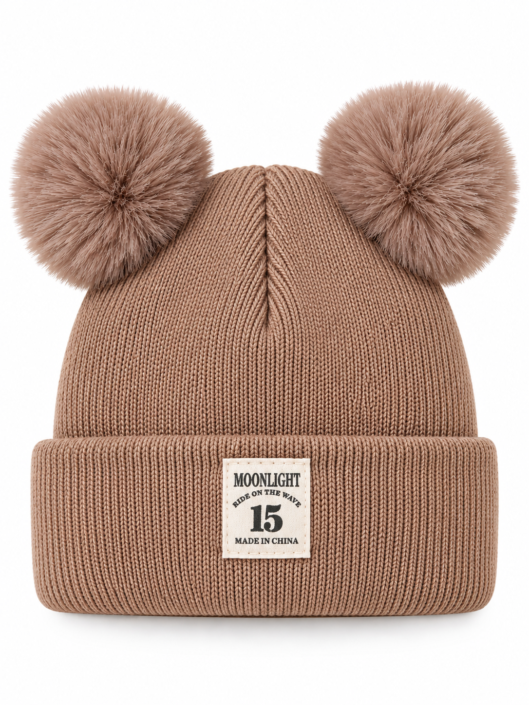 Ribbed knit baby beanie with a folded brim and two pom-poms
