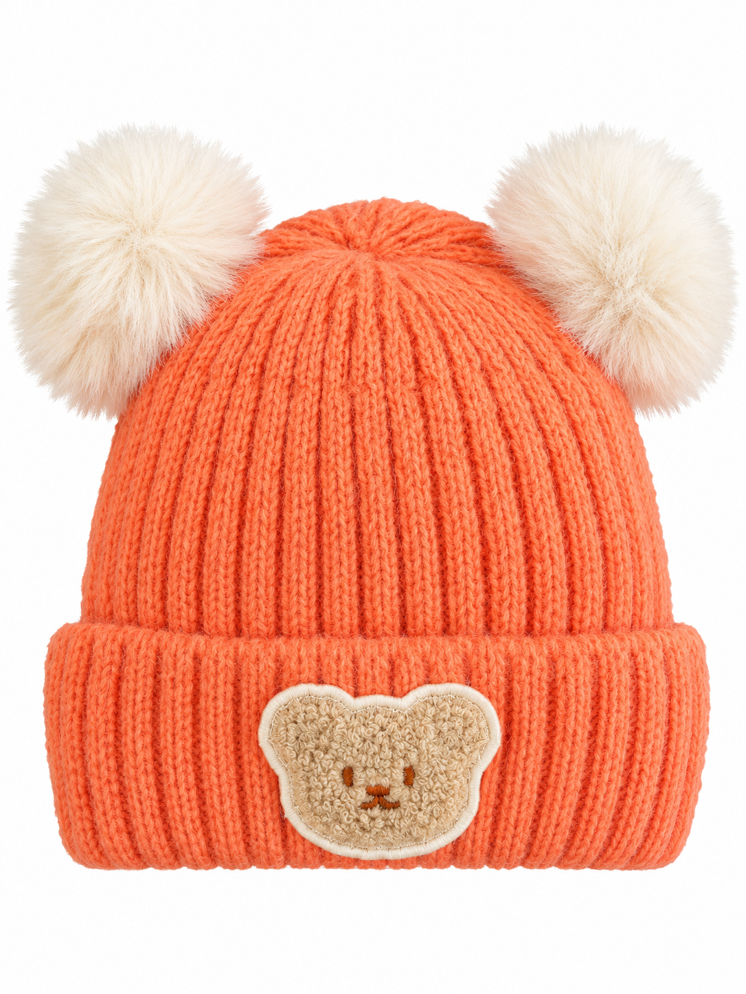 Ribbed knit baby beanie with two pom-poms and a teddy appliqué