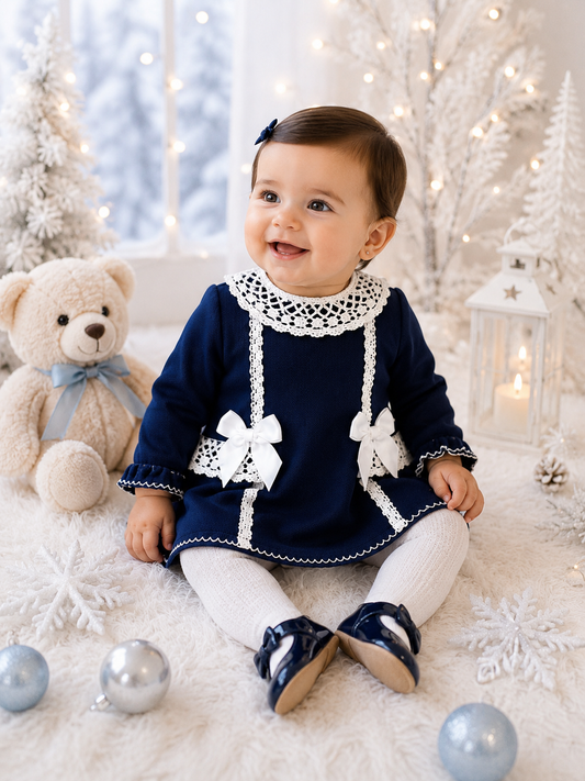 Red cotton piqué baby dress with lace detail