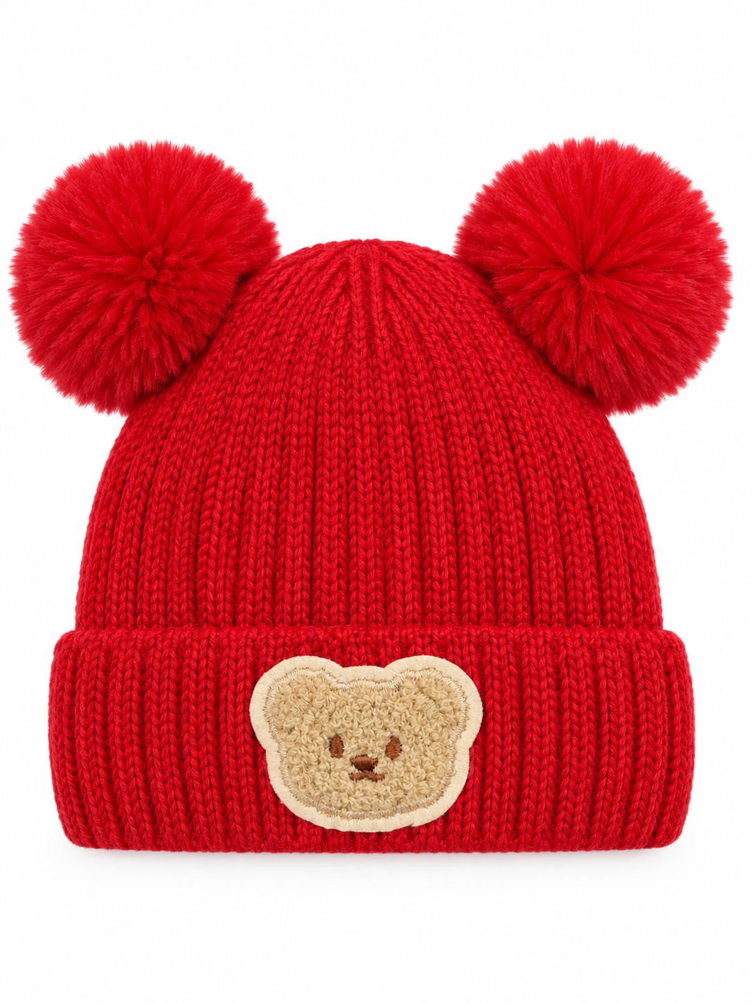 Ribbed knit baby beanie with two pom-poms and a teddy appliqué