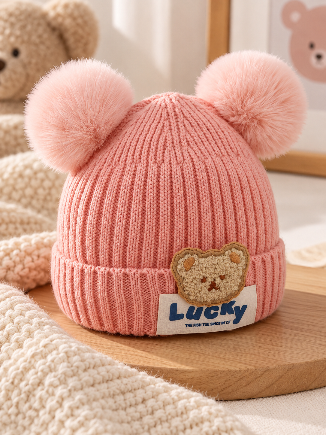 Ribbed knit baby beanie with two pom-poms and a teddy appliqué