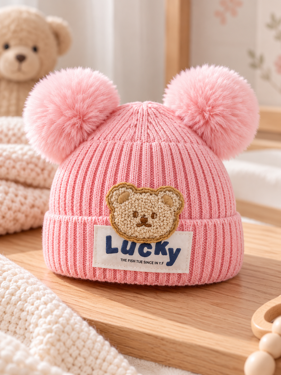 Ribbed knit baby beanie with two pom-poms and a teddy appliqué