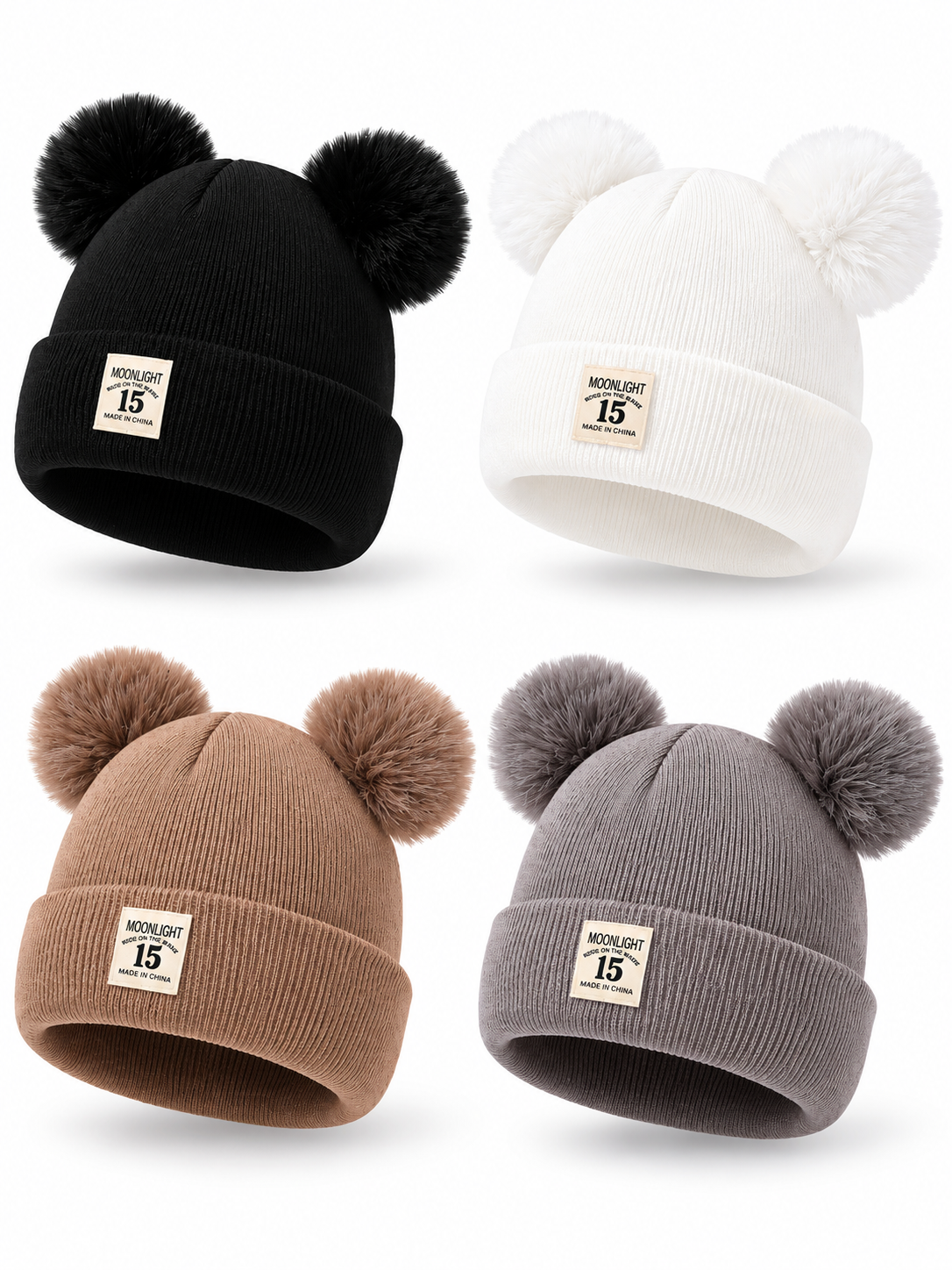 Ribbed knit baby beanie with a folded brim and two pom-poms