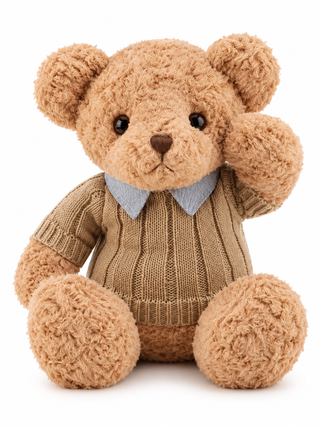Soft teddy bear wearing a camel cable-knit jumper with a light blue collar