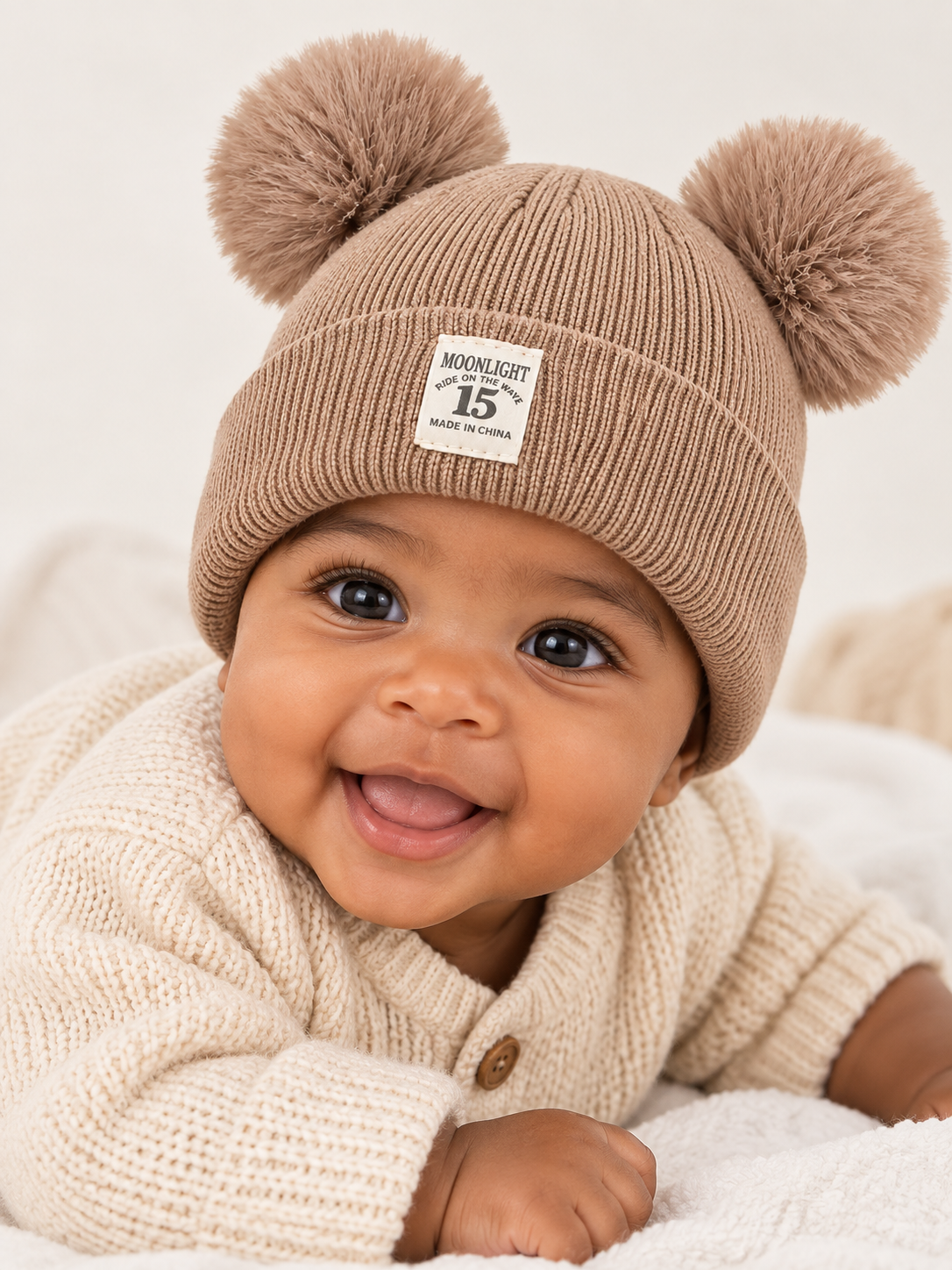 Ribbed knit baby beanie with a folded brim and two pom-poms
