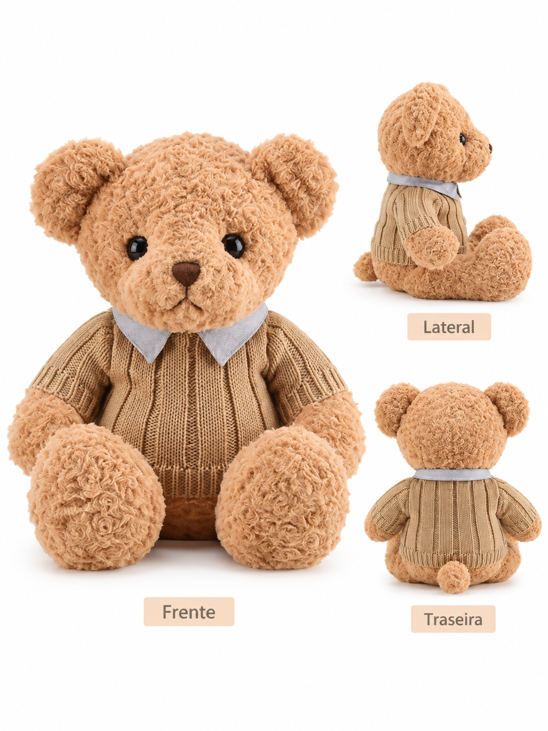 Soft teddy bear wearing a camel cable-knit jumper with a light blue collar