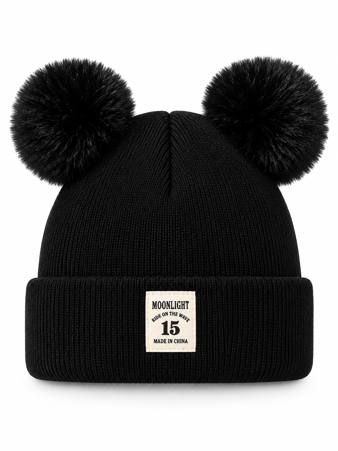 Ribbed knit baby beanie with a folded brim and two pom-poms