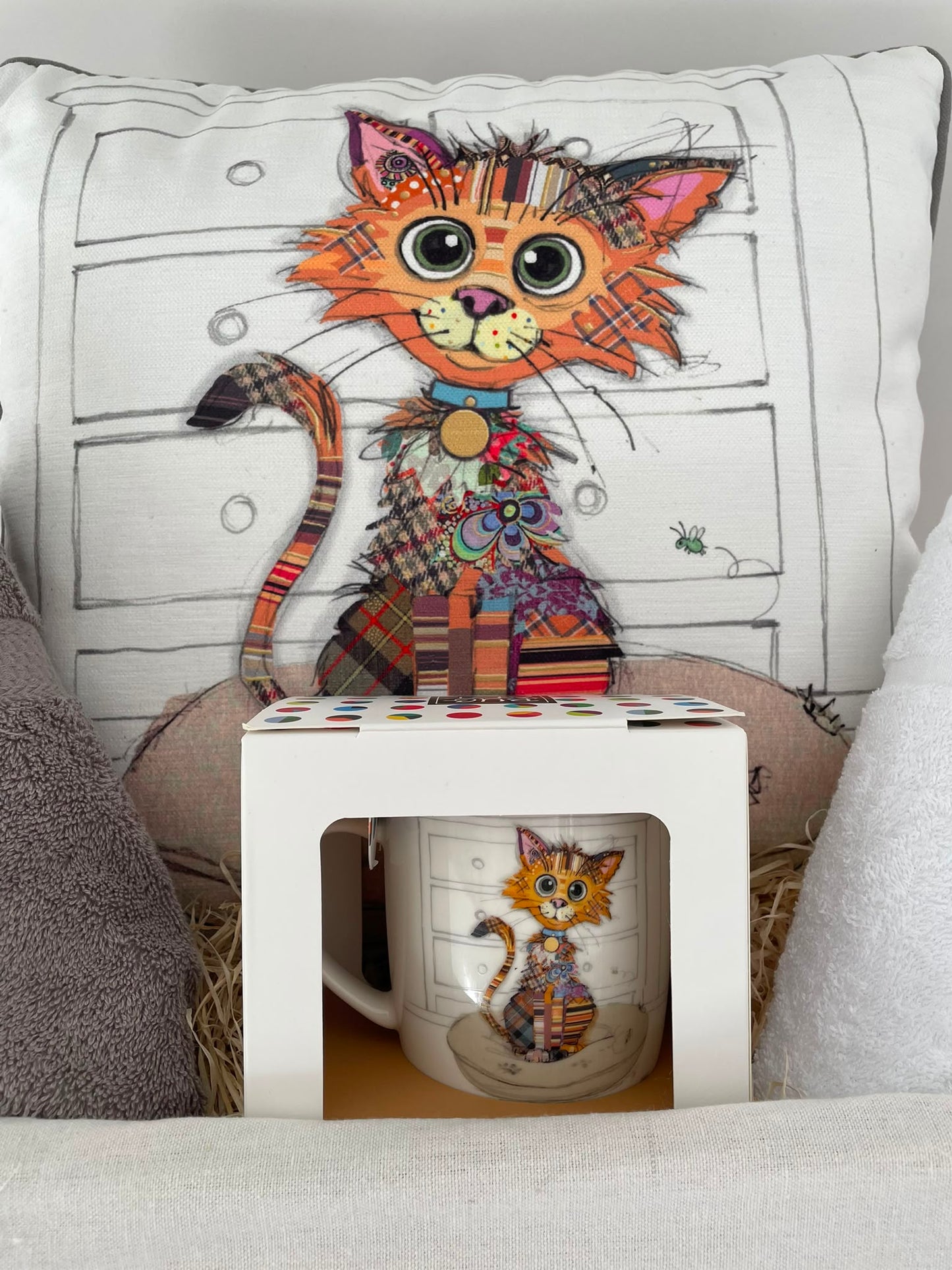 Cat Lover's Gift Hamper – Quirky Cat Cushion, Mug & Two Luxury Hand Towels