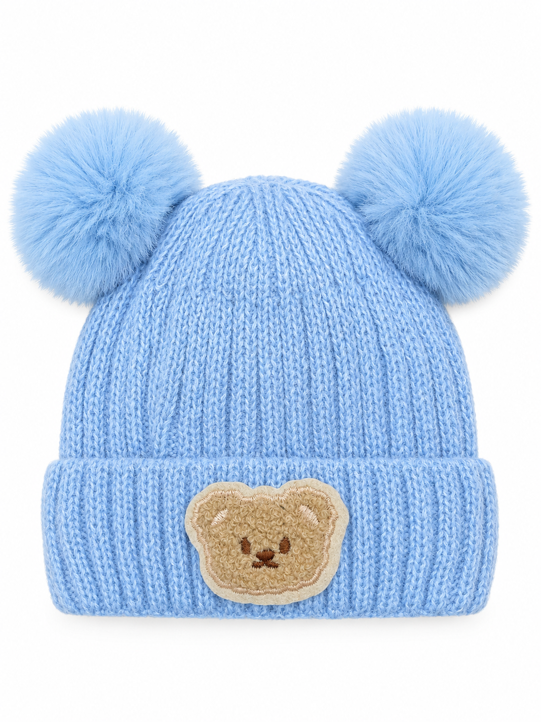 Ribbed knit baby beanie with two pom-poms and a teddy appliqué