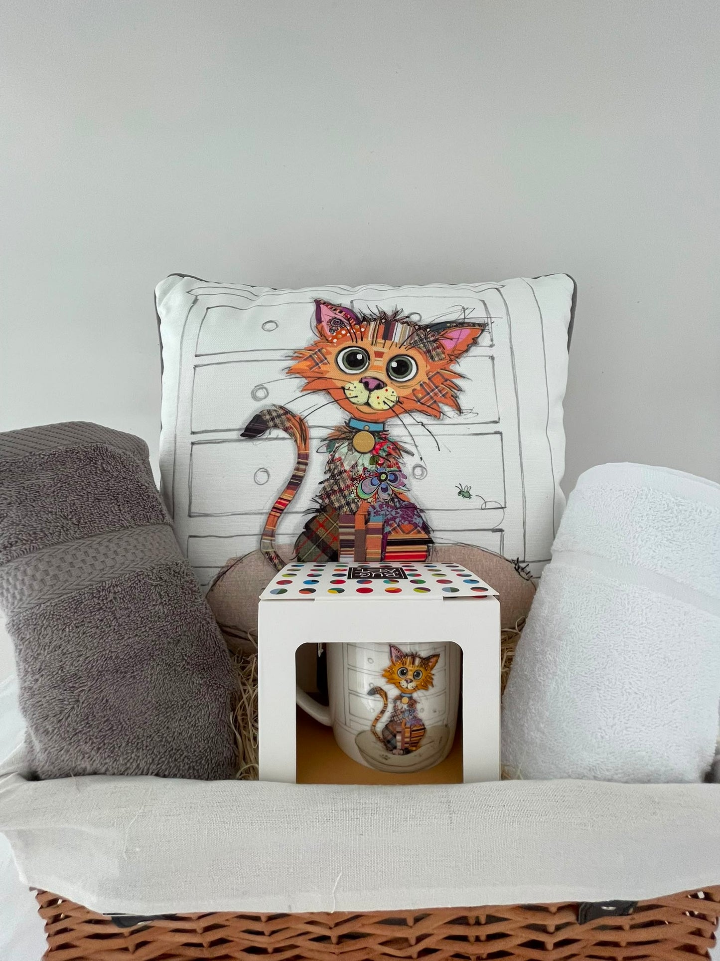 Cat Lover's Gift Hamper – Quirky Cat Cushion, Mug & Two Luxury Hand Towels