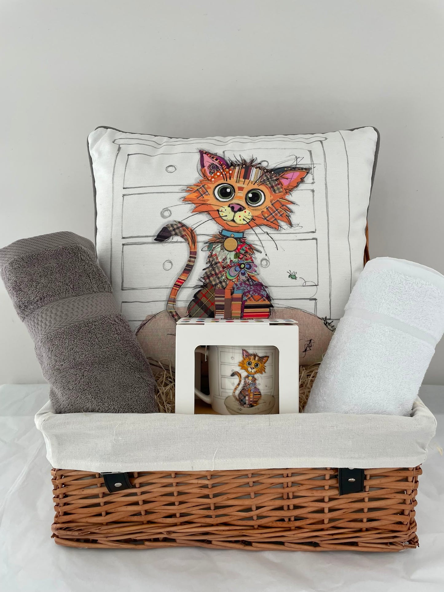 Cat Lover's Gift Hamper – Quirky Cat Cushion, Mug & Two Luxury Hand Towels