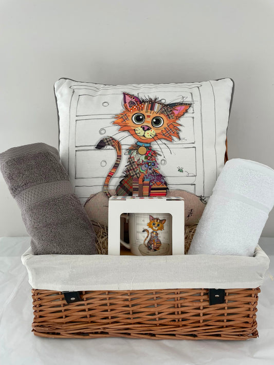 Cat Lover's Gift Hamper – Quirky Cat Cushion, Mug & Two Luxury Hand Towels