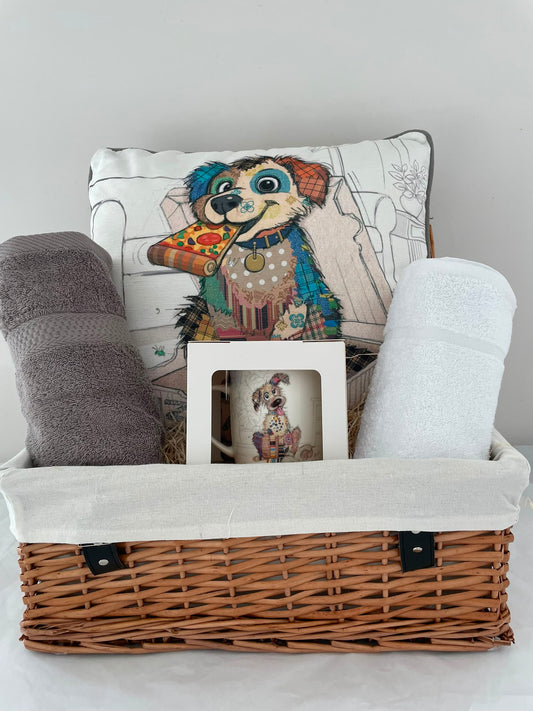Dog Lover's Gift Hamper – Quirky Dog Cushion, Mug & Two Luxury Hand Towels