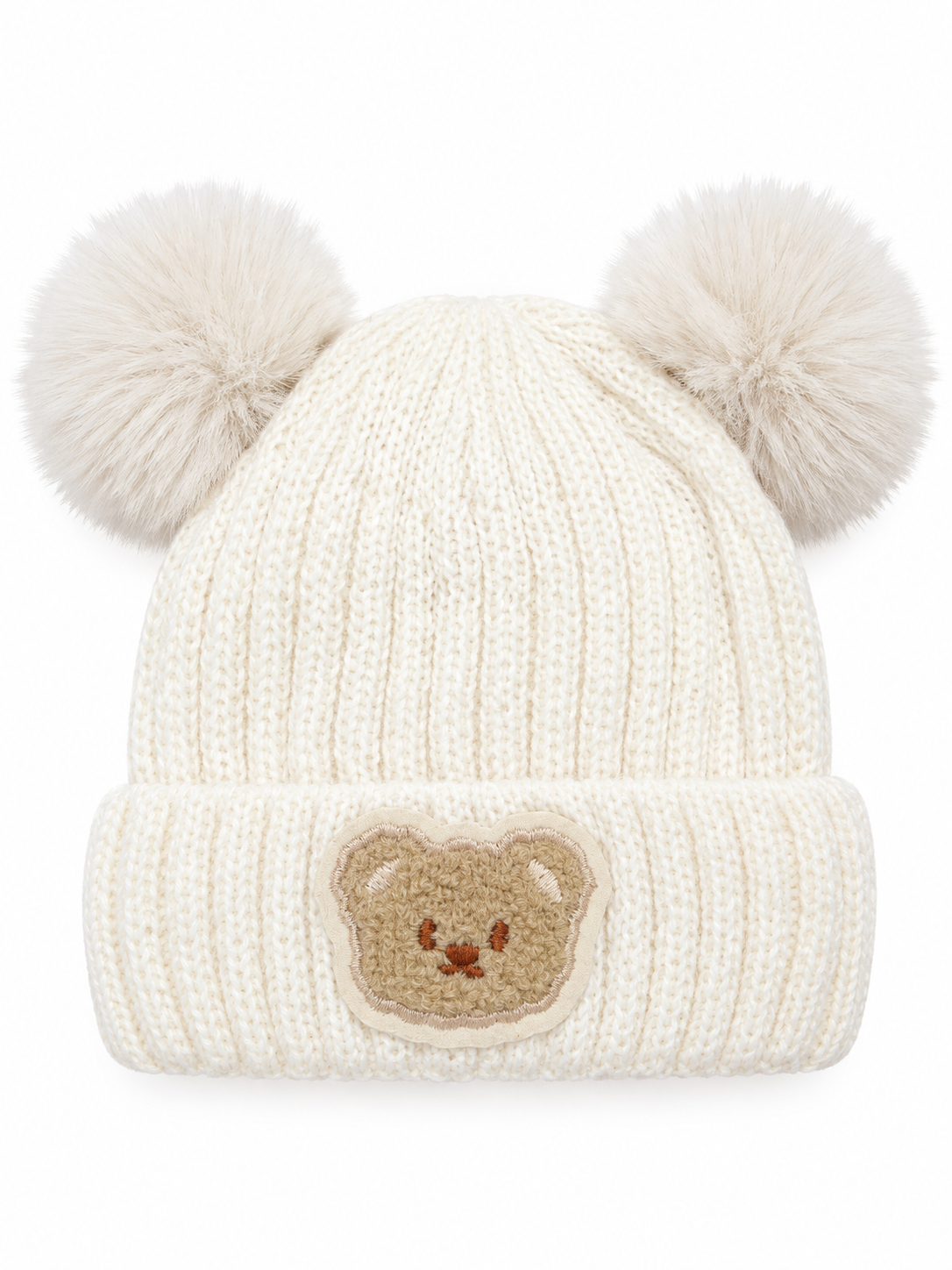 Ribbed knit baby beanie with two pom-poms and a teddy appliqué