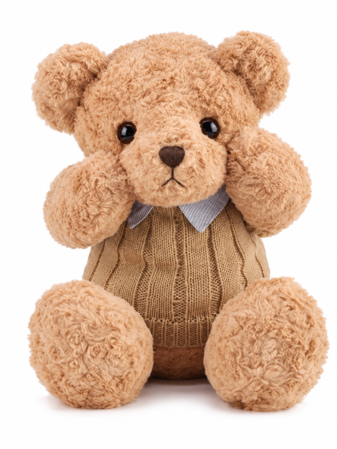Soft teddy bear wearing a camel cable-knit jumper with a light blue collar