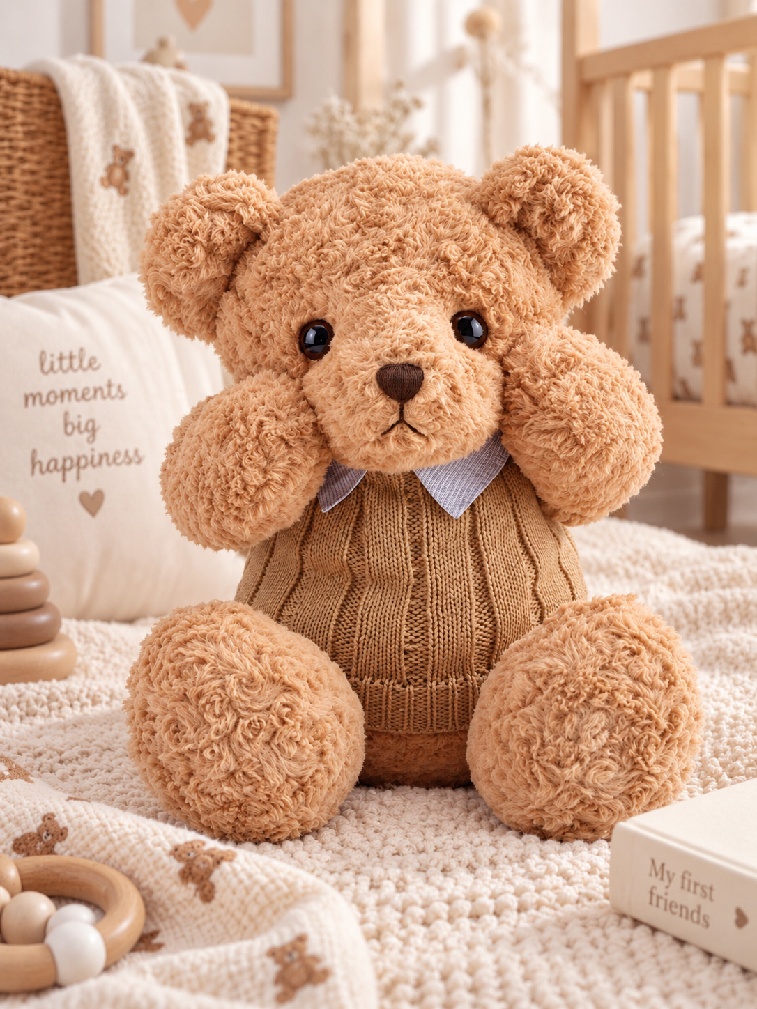 Soft teddy bear wearing a camel cable-knit jumper with a light blue collar