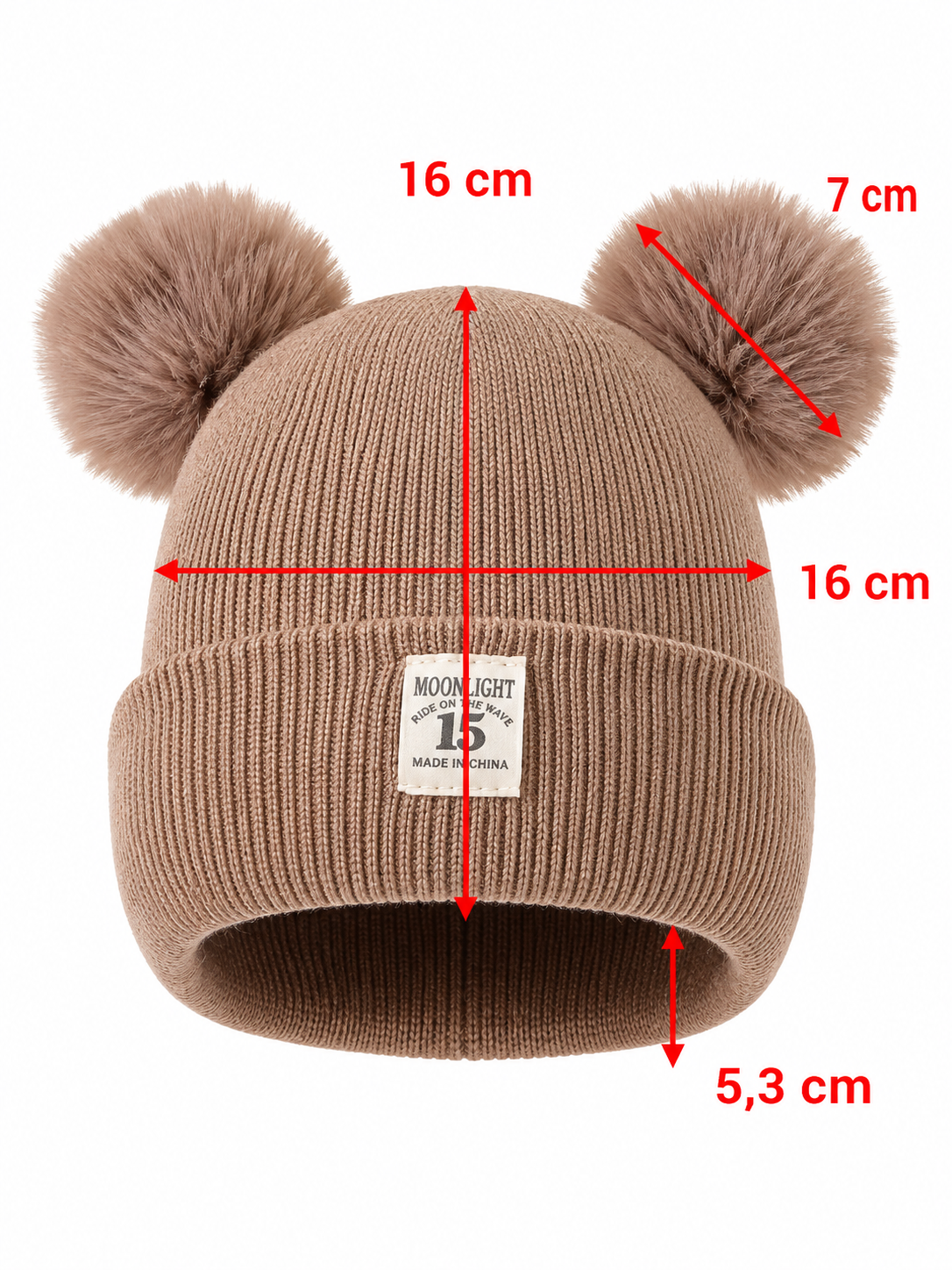 Ribbed knit baby beanie with a folded brim and two pom-poms