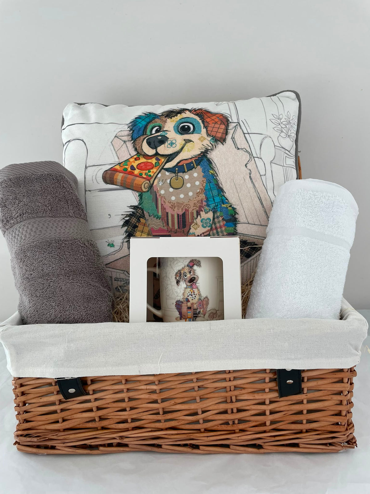 Dog Lover's Gift Hamper – Quirky Dog Cushion, Mug & Two Luxury Hand Towels