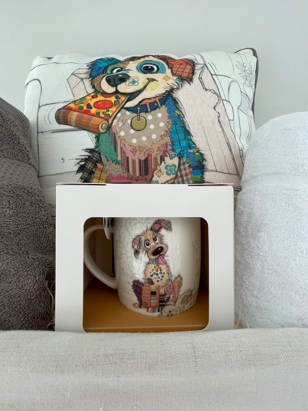 Dog Lover's Gift Hamper – Quirky Dog Cushion, Mug & Two Luxury Hand Towels