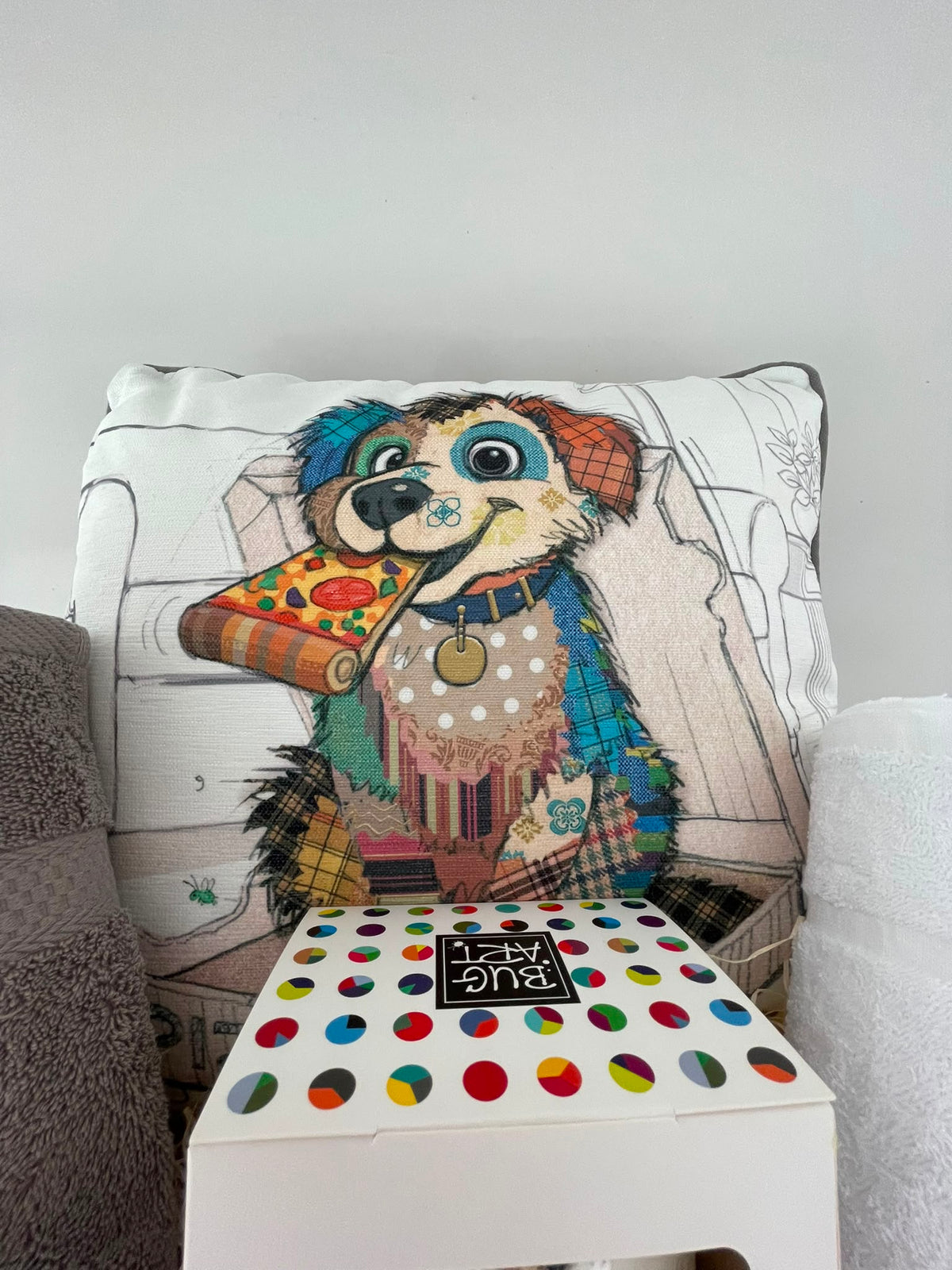 Dog Lover's Gift Hamper – Quirky Dog Cushion, Mug & Two Luxury Hand Towels