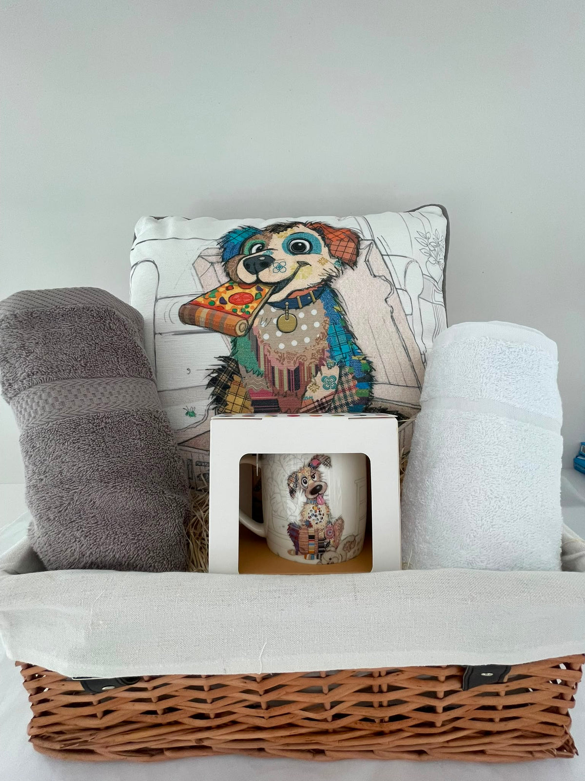 Dog Lover's Gift Hamper – Quirky Dog Cushion, Mug & Two Luxury Hand Towels