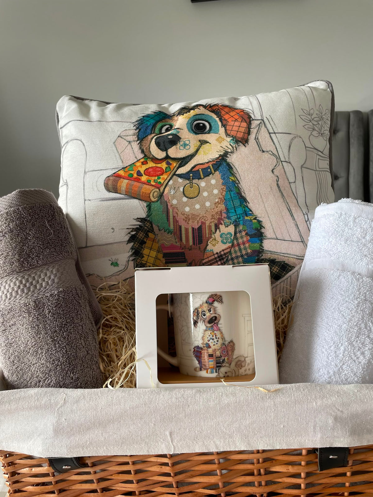 Dog Lover's Gift Hamper – Quirky Dog Cushion, Mug & Two Luxury Hand Towels