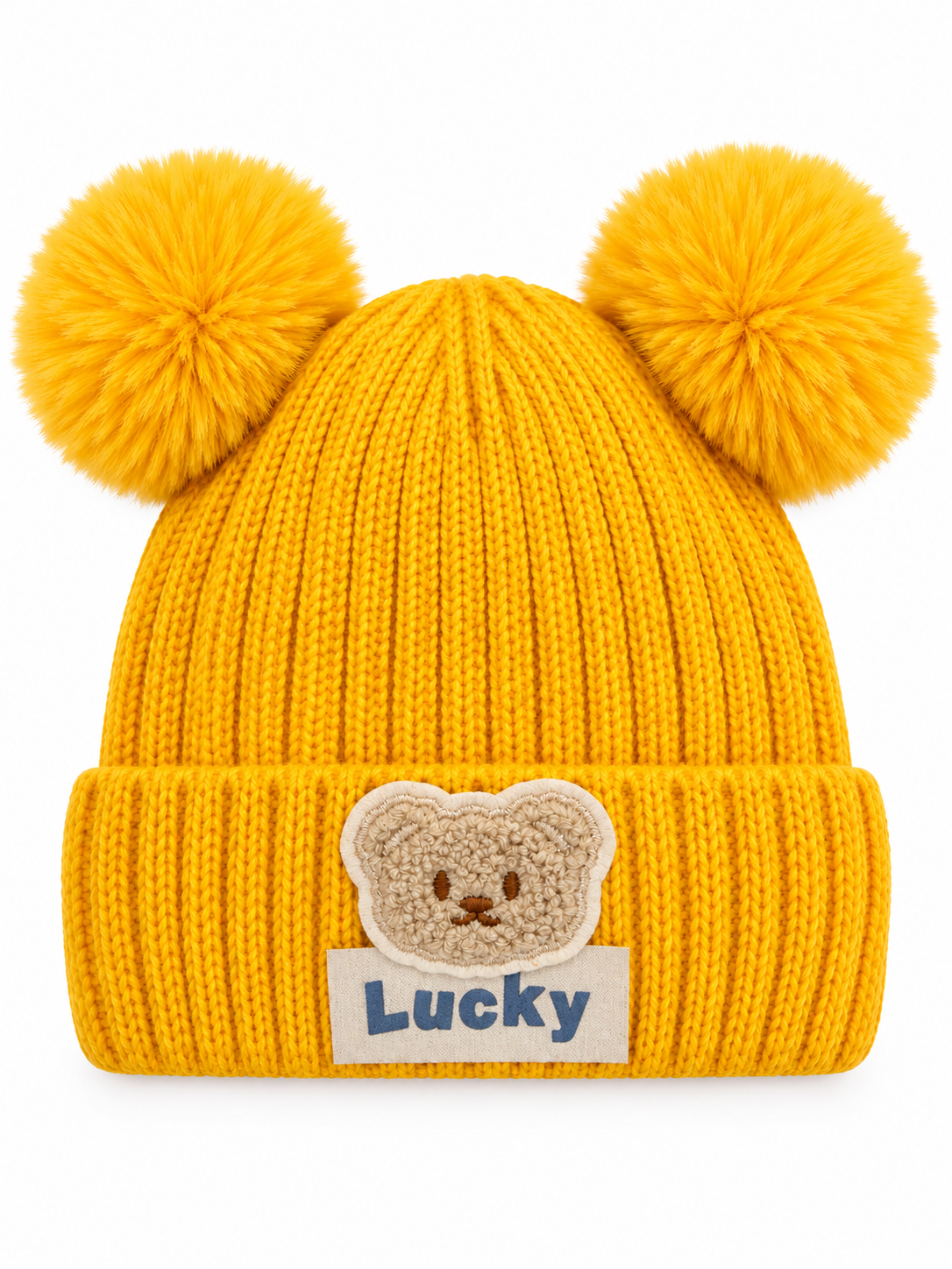 Ribbed knit baby beanie with two pom-poms and a teddy appliqué
