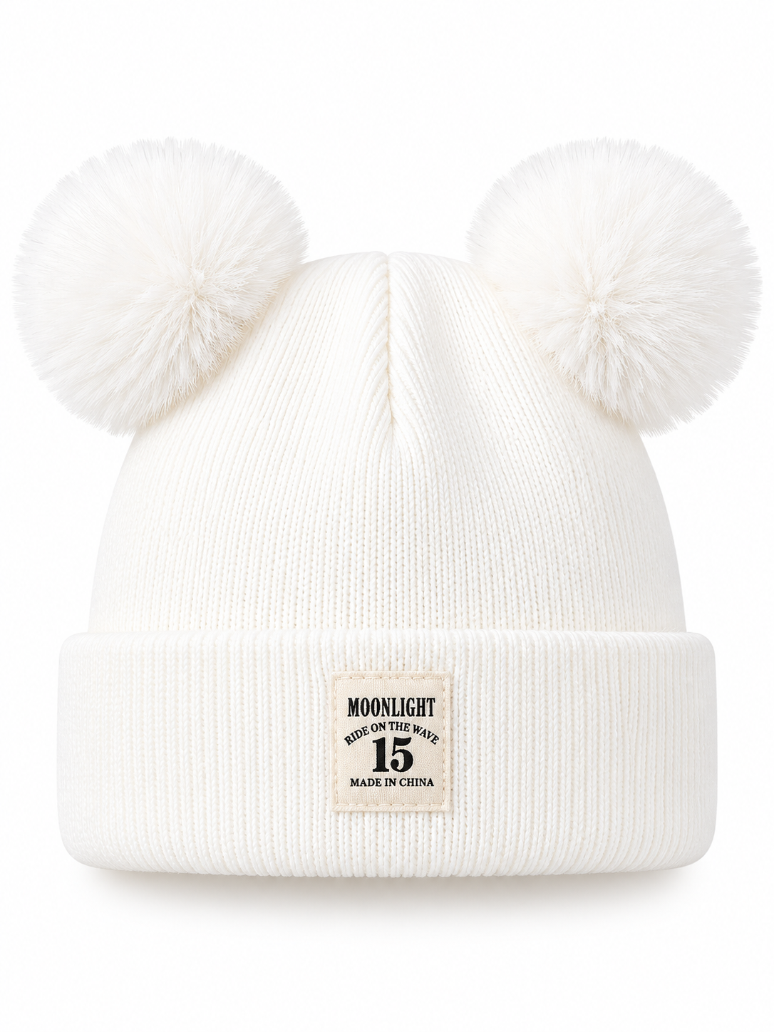 Ribbed knit baby beanie with a folded brim and two pom-poms