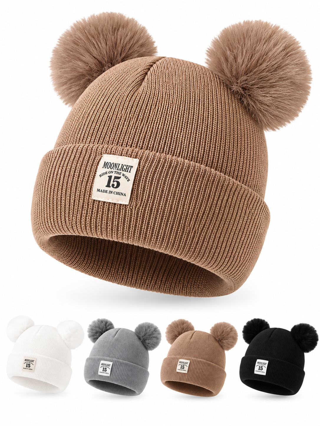 Ribbed knit baby beanie with a folded brim and two pom-poms
