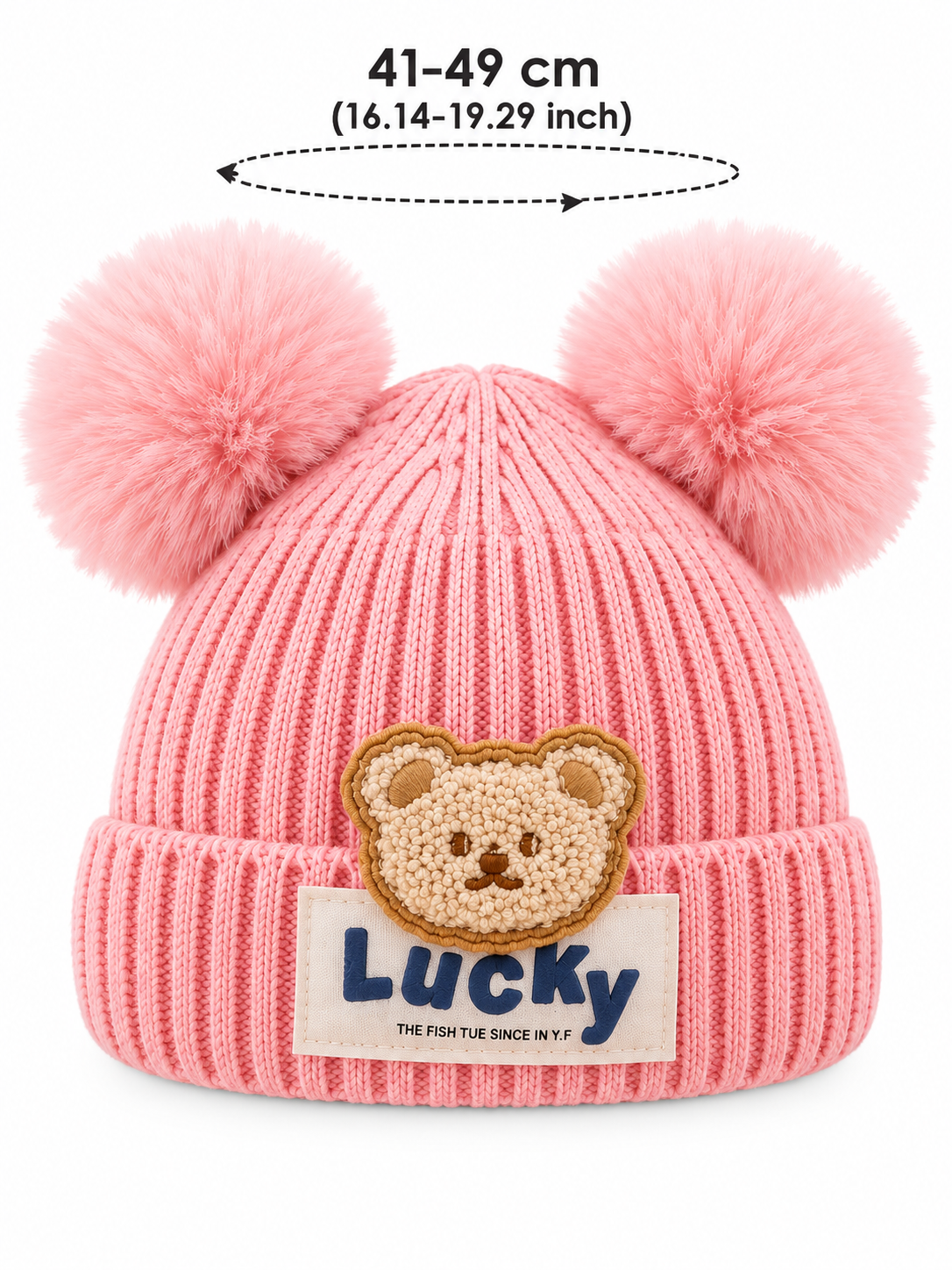 Ribbed knit baby beanie with two pom-poms and a teddy appliqué