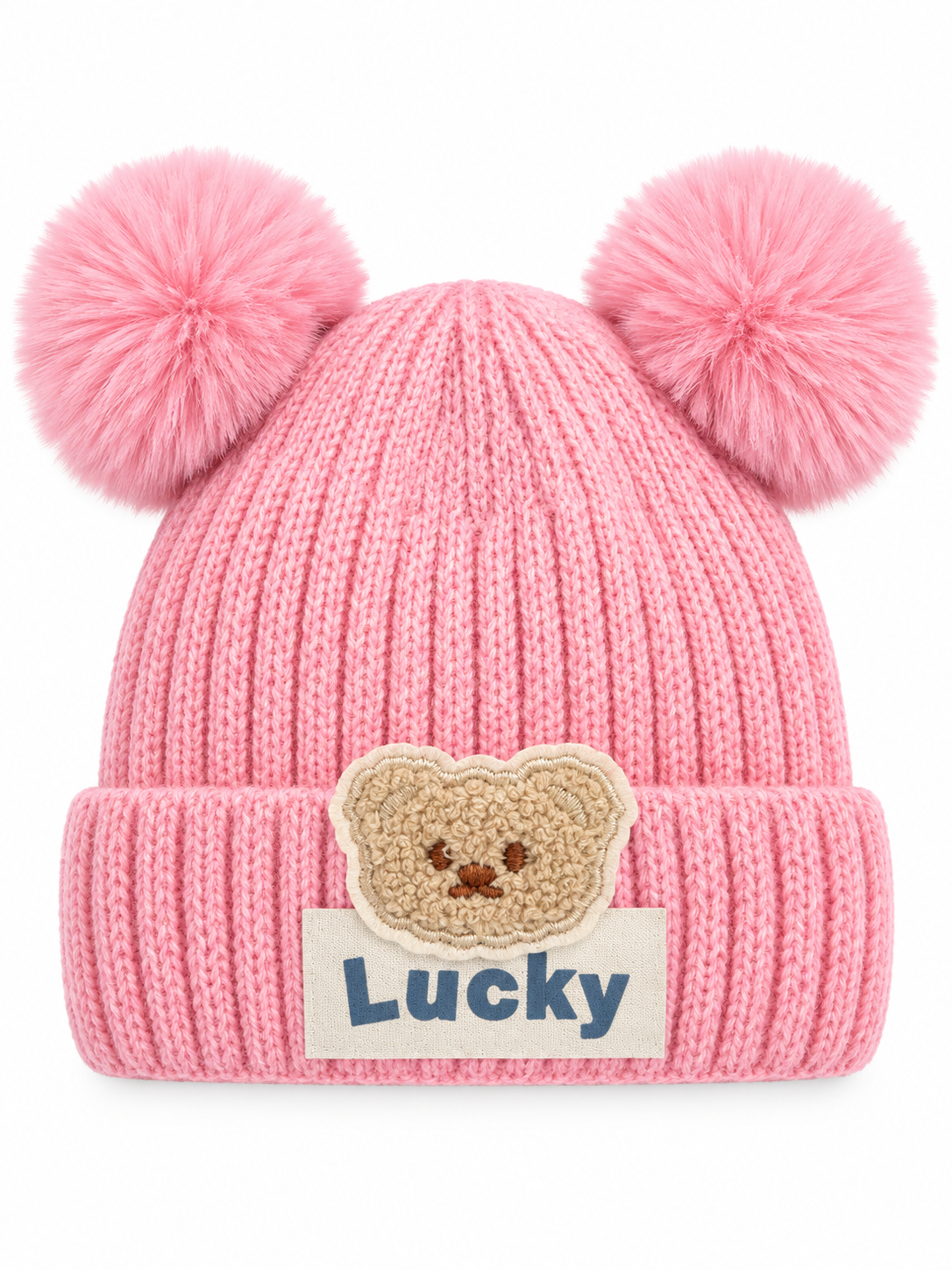 Ribbed knit baby beanie with two pom-poms and a teddy appliqué