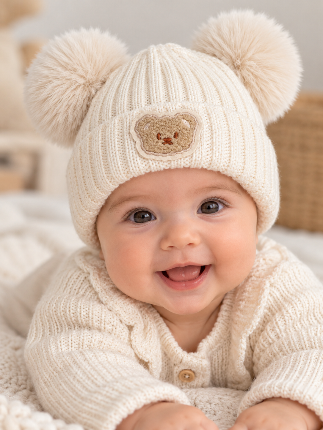 Ribbed knit baby beanie with two pom-poms and a teddy appliqué